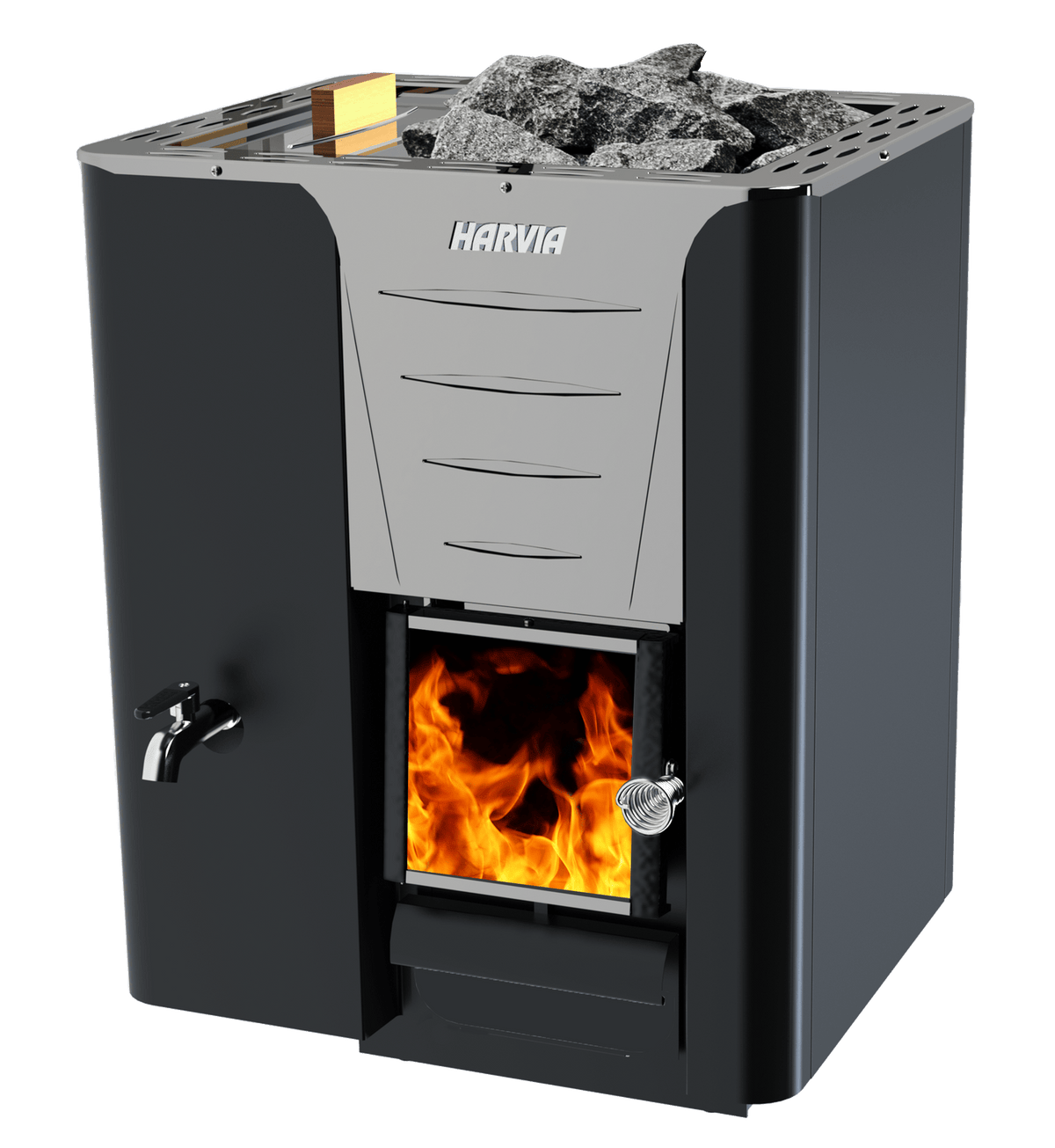Harvia Pro 20 LS wood-burning sauna heater with left-side water tank, graphite black