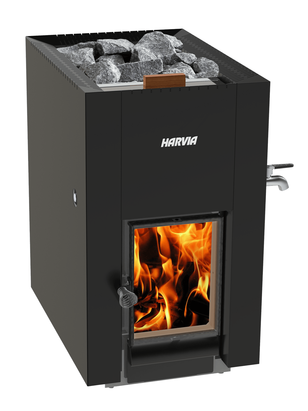 Harvia Linear 22 GreenFlame ES wood-burning sauna heater with front water tank, black