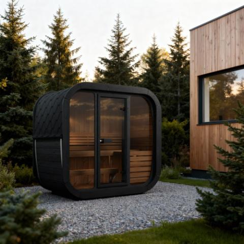 SaunaLife CL4GB black glass-front cube sauna on gravel pad among trees