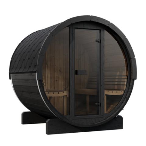 SaunaLife E7GB black barrel with panoramic glass front and wood benches