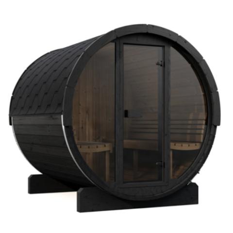 SaunaLife E8GB black barrel studio front with full glass and wood benches