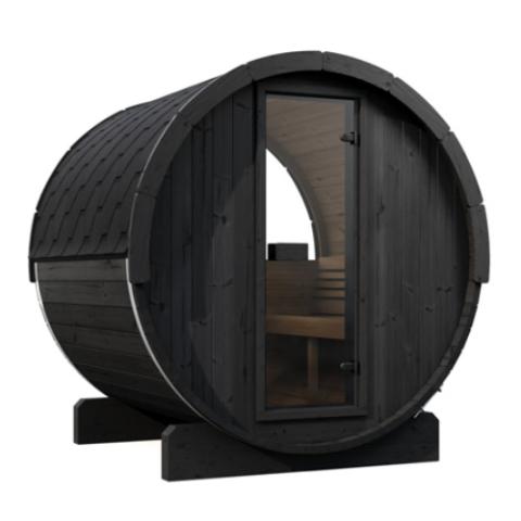 SaunaLife E7WB black barrel with glass door, shingles, and wood interior