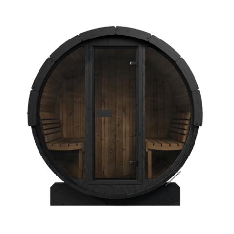 SaunaLife E7GB black front glass wall with door and curved side windows