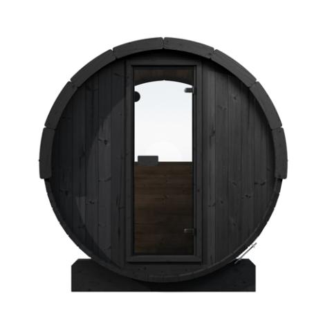 SaunaLife E7WB black barrel front with glass door on wooden cradles