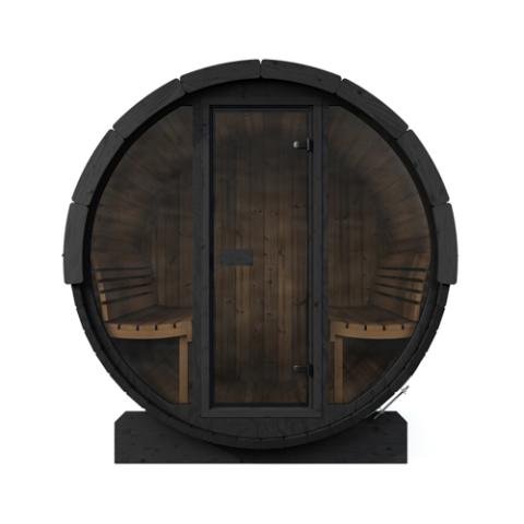 SaunaLife E8GB black barrel front with full glass wall and side benches