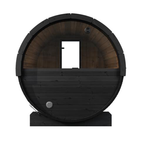SaunaLife E7WB black barrel open front showing natural wood interior