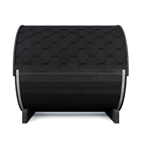 SaunaLife E8GB black barrel side profile with hexagonal shingles and bands