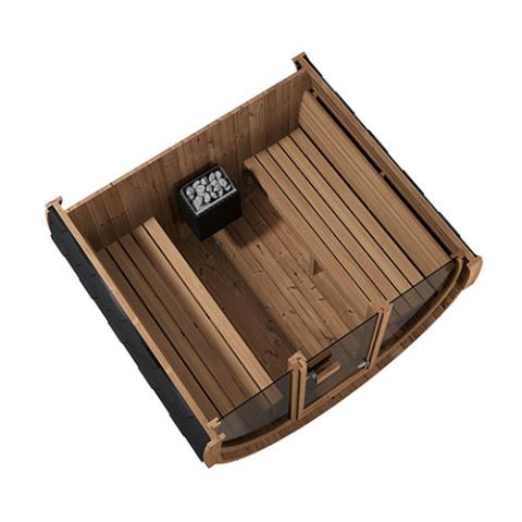 SaunaLife E7GB top-down cutaway with facing benches and back-wall heater