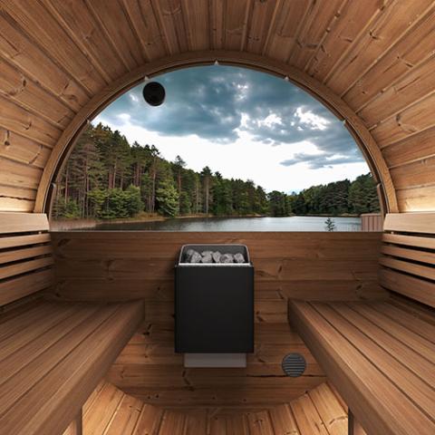 SaunaLife E7WB interior benches and heater facing arched lake-view window