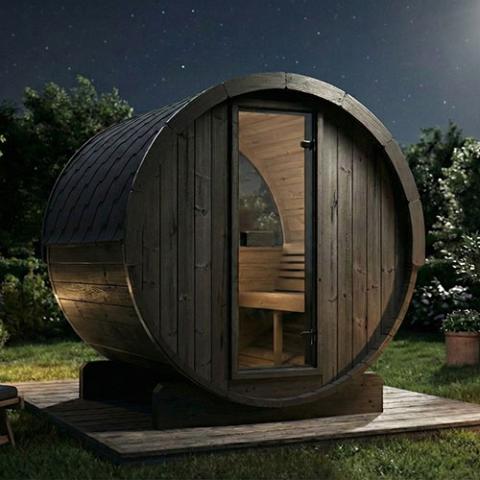 SaunaLife E7WB black barrel with glass door on deck under night sky
