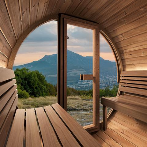 SaunaLife E8GB interior benches facing panoramic glass with mountain view