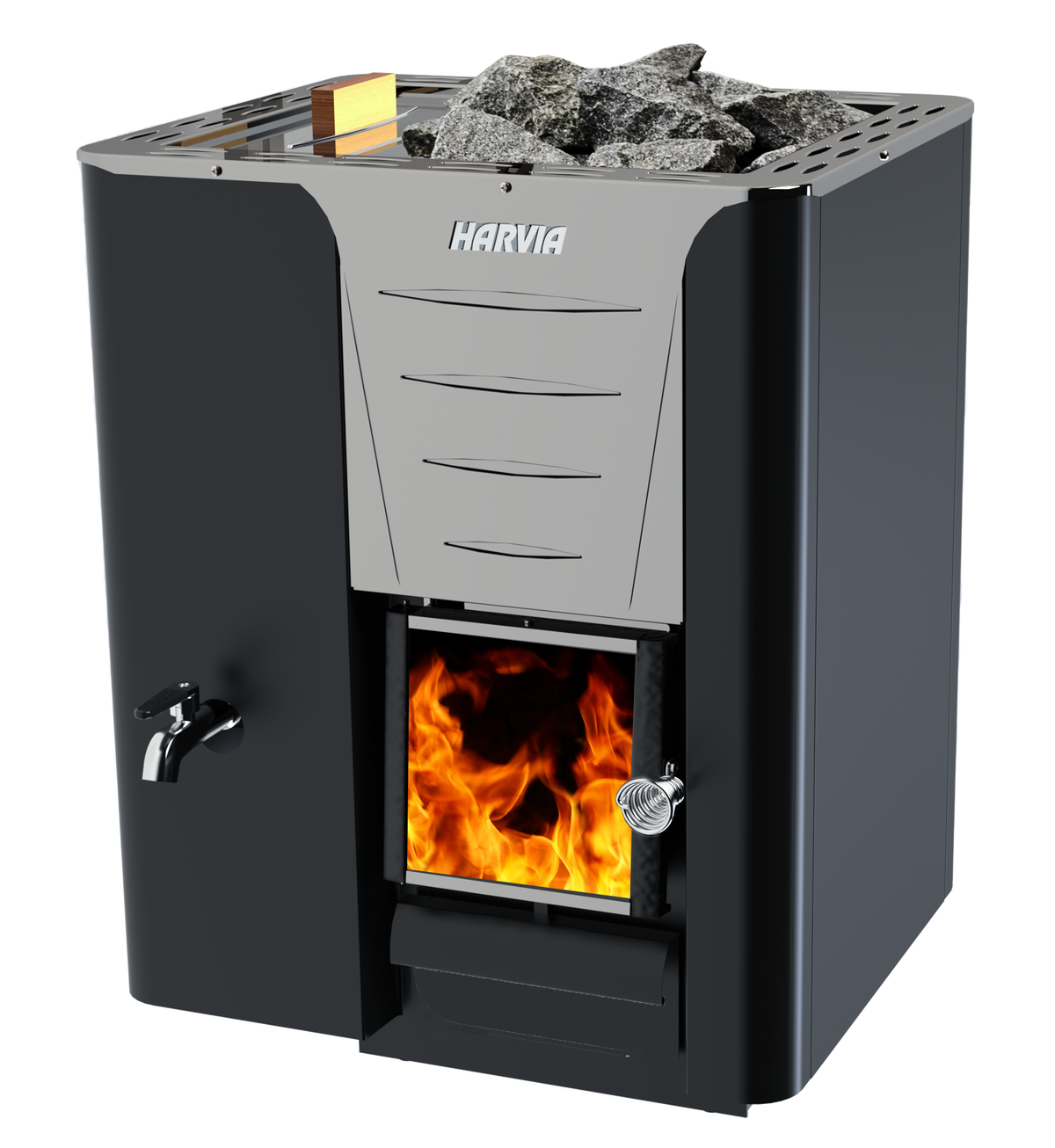 Harvia Pro 20 LS wood-burning sauna heater with left-side water tank, graphite black