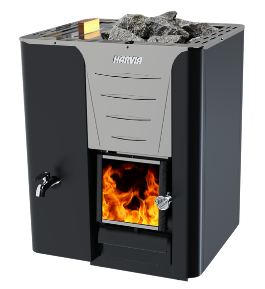 Harvia Pro 20 LS wood-burning sauna heater with left-side water tank, graphite black