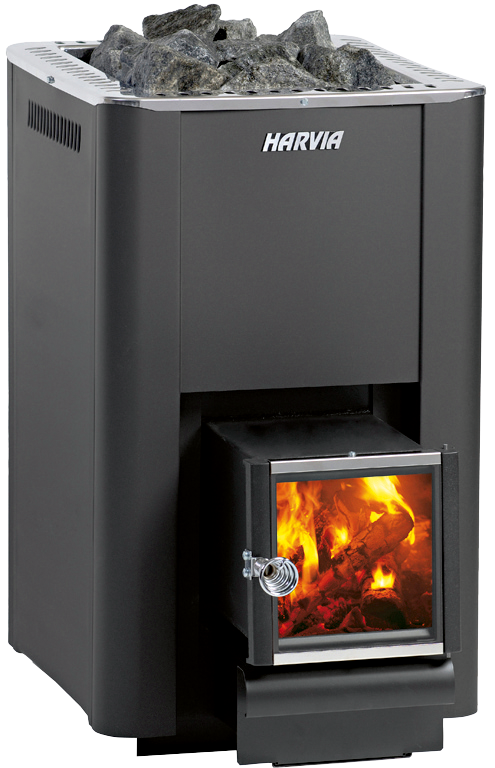 Harvia Pro 20 SL through-wall wood-burning sauna heater, graphite black