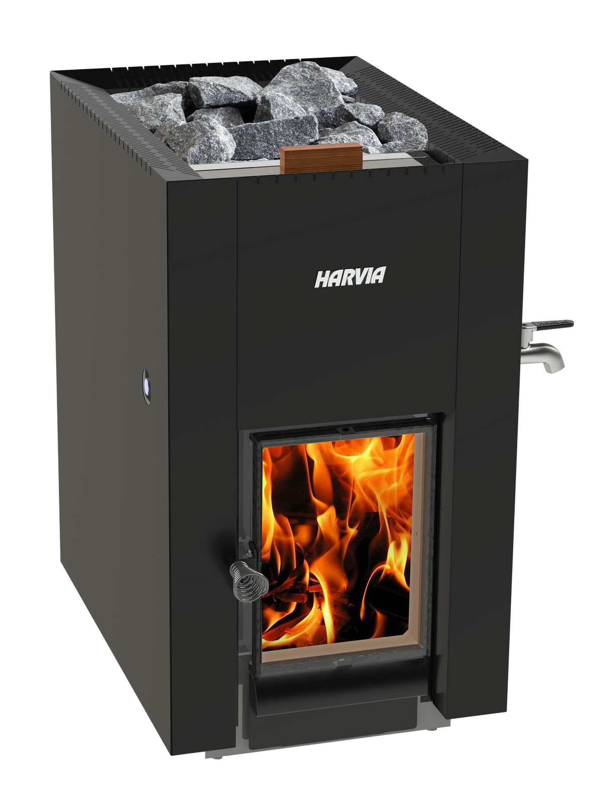 Harvia Linear 22 GreenFlame ES wood-burning sauna heater with front water tank, black
