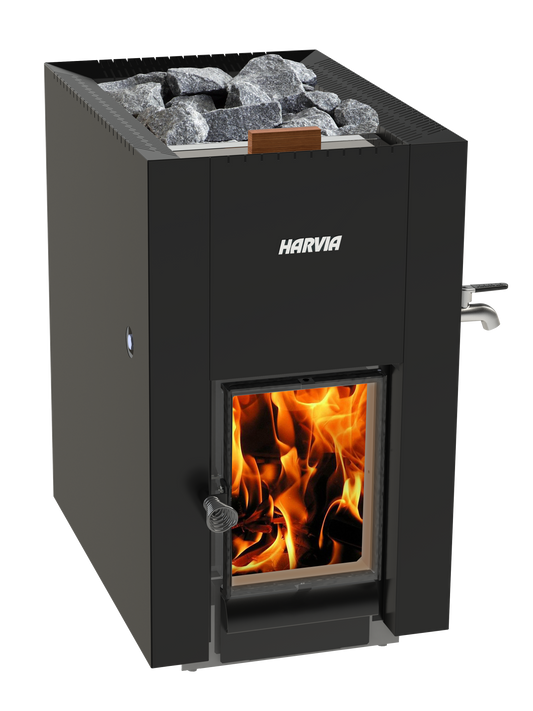 Harvia Linear 22 GreenFlame ES wood-burning sauna heater with front water tank, black
