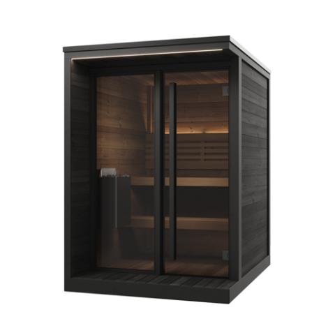 SaunaLife GL4B black cabin with full glass front, lit benches, and wall heater