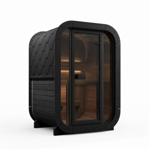SaunaLife CL3GB black exterior cube sauna with glowing wood interior