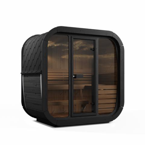 SaunaLife CL4GB black cube sauna studio front with glass wall and benches