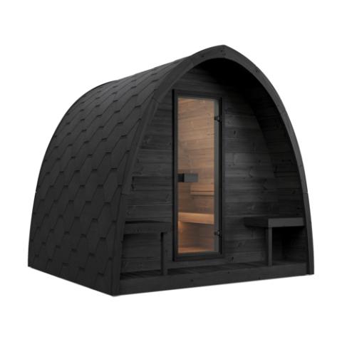 SaunaLife G3B black arched pod sauna with glass door and lit wood interior