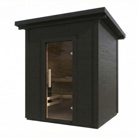 SaunaLife G2B black cabin sauna studio view with glass door and wood interior