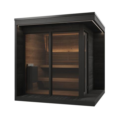 SaunaLife GL6B black cabin with full glass front, lit benches, and heater