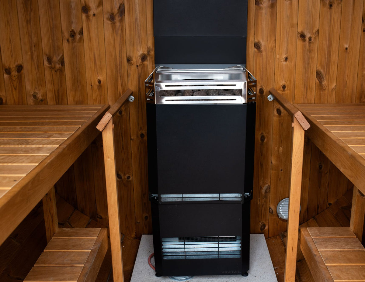 Saunum Air L heater between sauna benches