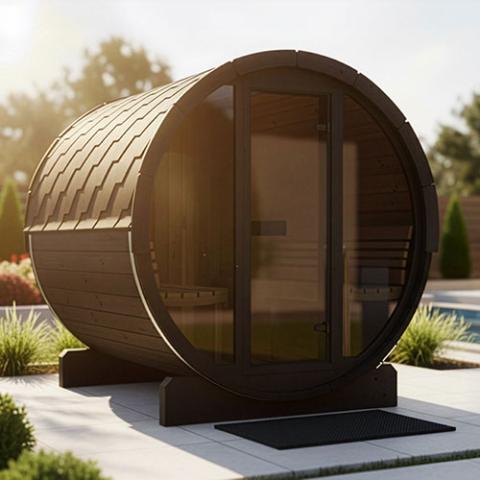 SaunaLife E8GB black glass-front barrel sauna on patio beside a pool