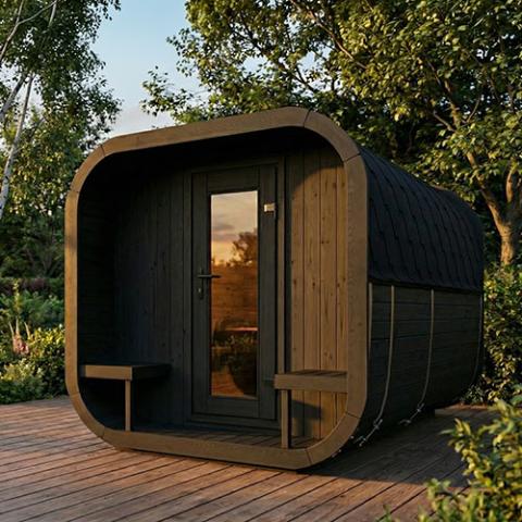 SaunaLife CL12GCPB black porch-front barrel on wooden deck among trees at dusk