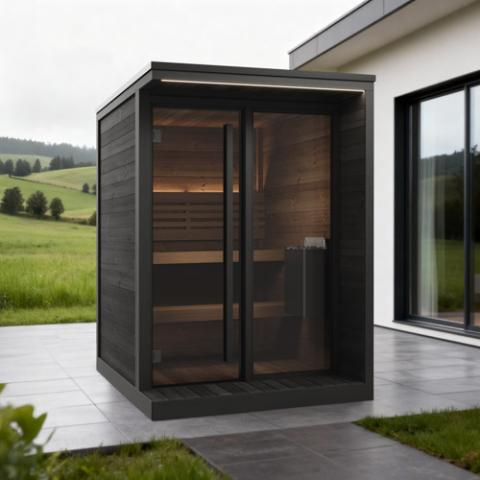 SaunaLife GL4B black outdoor cabin with glass front on patio by hills