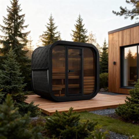 SaunaLife CL5GB black glass-front cube sauna on wooden deck among trees