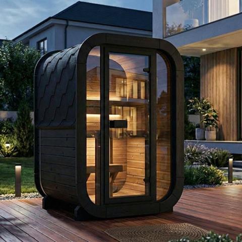 SaunaLife CL3GB black pod sauna with glass front on wooden deck at dusk