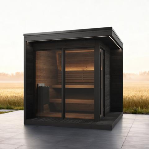 SaunaLife GL6B black outdoor cabin with glass front on patio in open field
