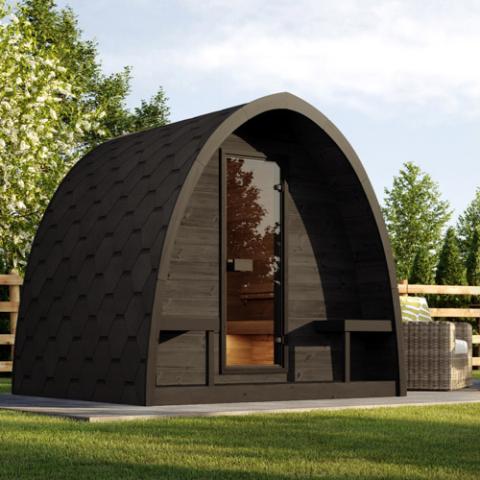 SaunaLife G3B black arched pod sauna with glass door on patio in backyard