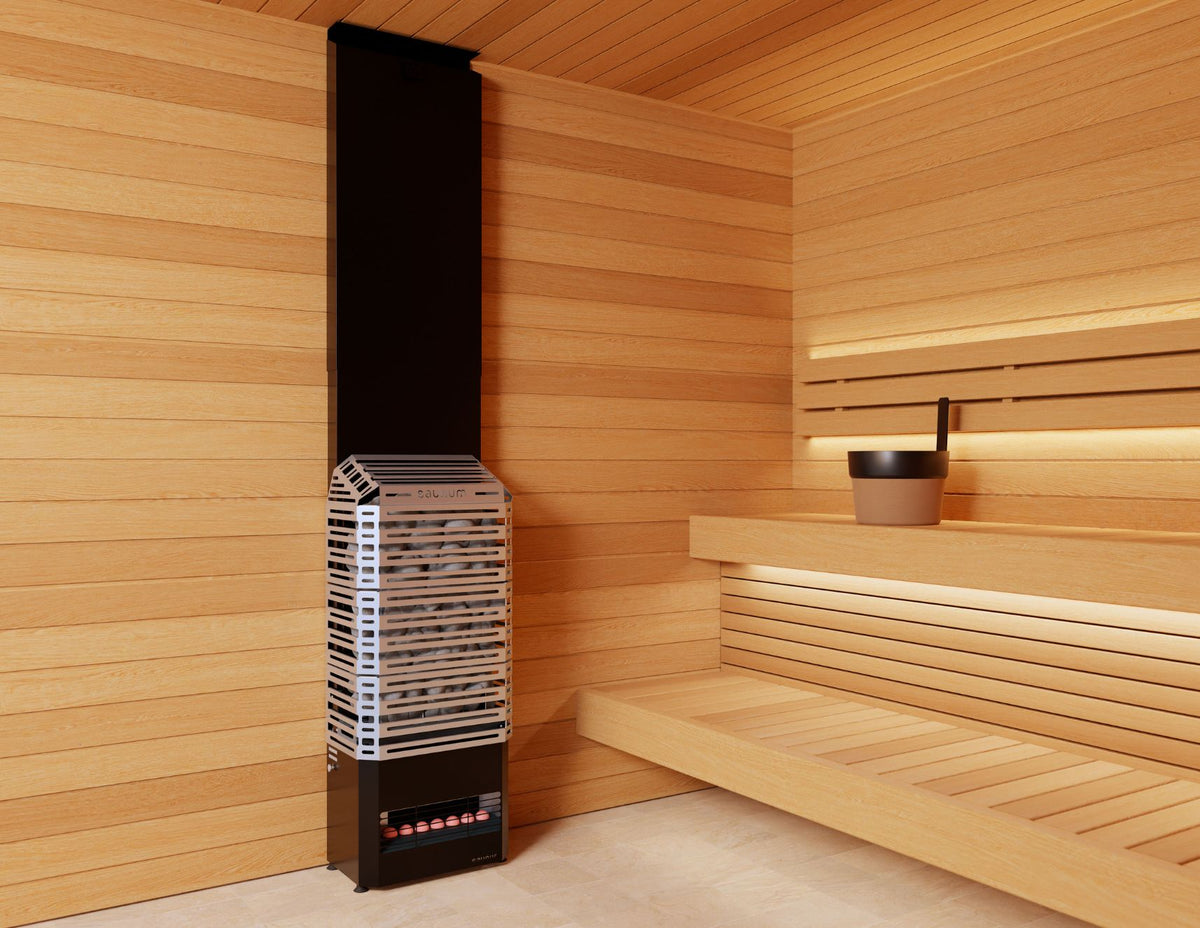 Saunum Air open-basket heater in a wood sauna room