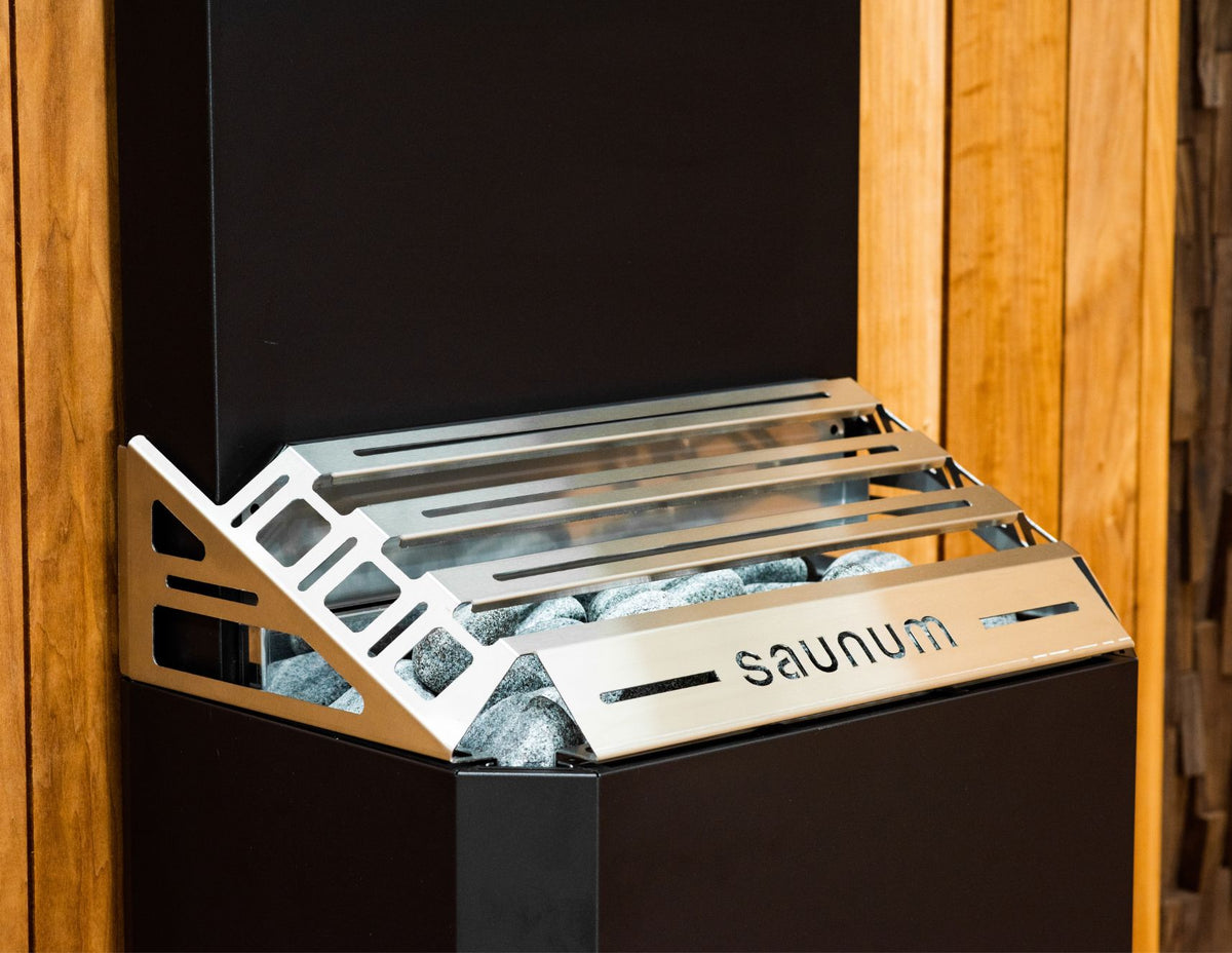 Saunum Air open stone basket with saunum nameplate