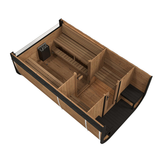 SaunaLife CL12GCPB 3D cutaway of three-room barrel layout with porch and heater