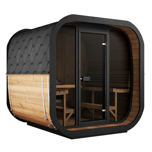 SaunaLife CL7G 6-person cube sauna with glass front, shingle roof and steel bands