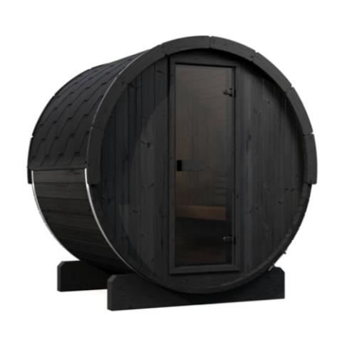 SaunaLife E6B black barrel sauna with glass door and shingled roof