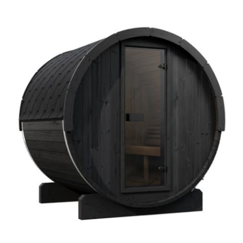SaunaLife E7B black barrel sauna with glass door and shingled roof