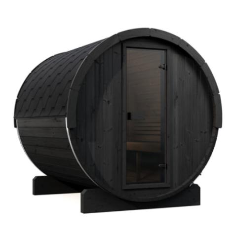SaunaLife E8B black barrel with glass door and shingled roof