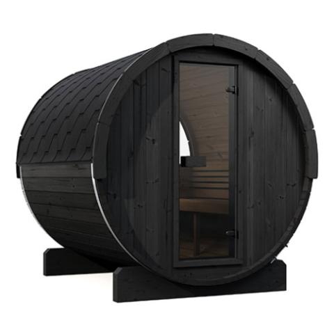 SaunaLife E8WB black barrel with glass door and rear circular window