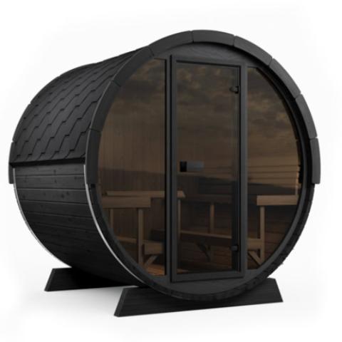SaunaLife EE8GB black barrel with tinted glass front and wood benches