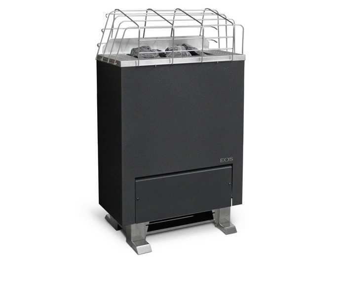 EOS Gracil floor-standing electric sauna heater, stainless, isometric still