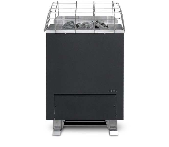 EOS Gracil floor-standing electric sauna heater, stainless, North America frontal still