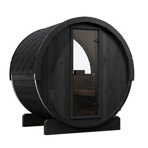 SaunaLife E6WB black barrel with glass door and rear circular window
