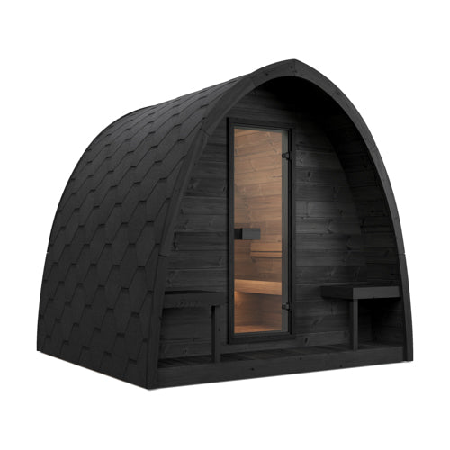 SaunaLife G3B black arched outdoor pod sauna with glass door and porch benches