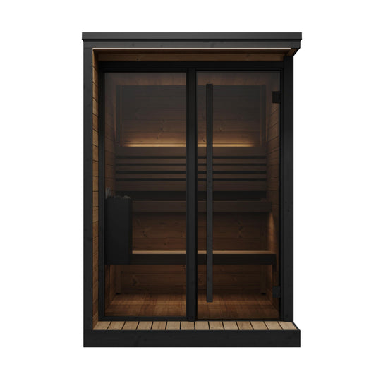 SaunaLife GL4B glass-front outdoor cabin with lit wood benches and black frame
